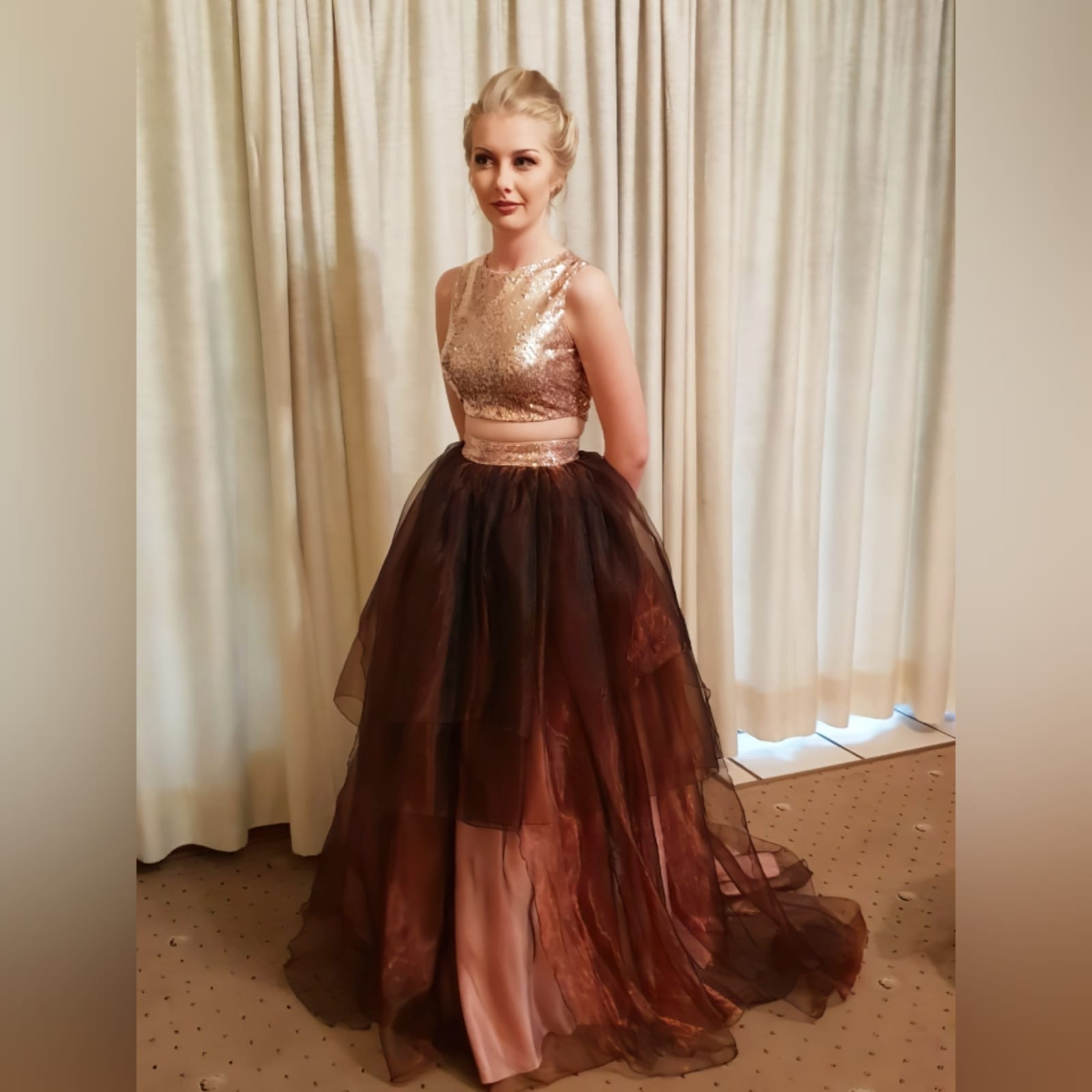 2 piece brown and rose gold prom dress 8 this awesome versatile evening dress was created for a prom dance. 2 piece brown and rose gold prom dress. With a layered organza full skirt and sequins waistband. Crop top in rosegold sequins which can be reused in several other occasions.