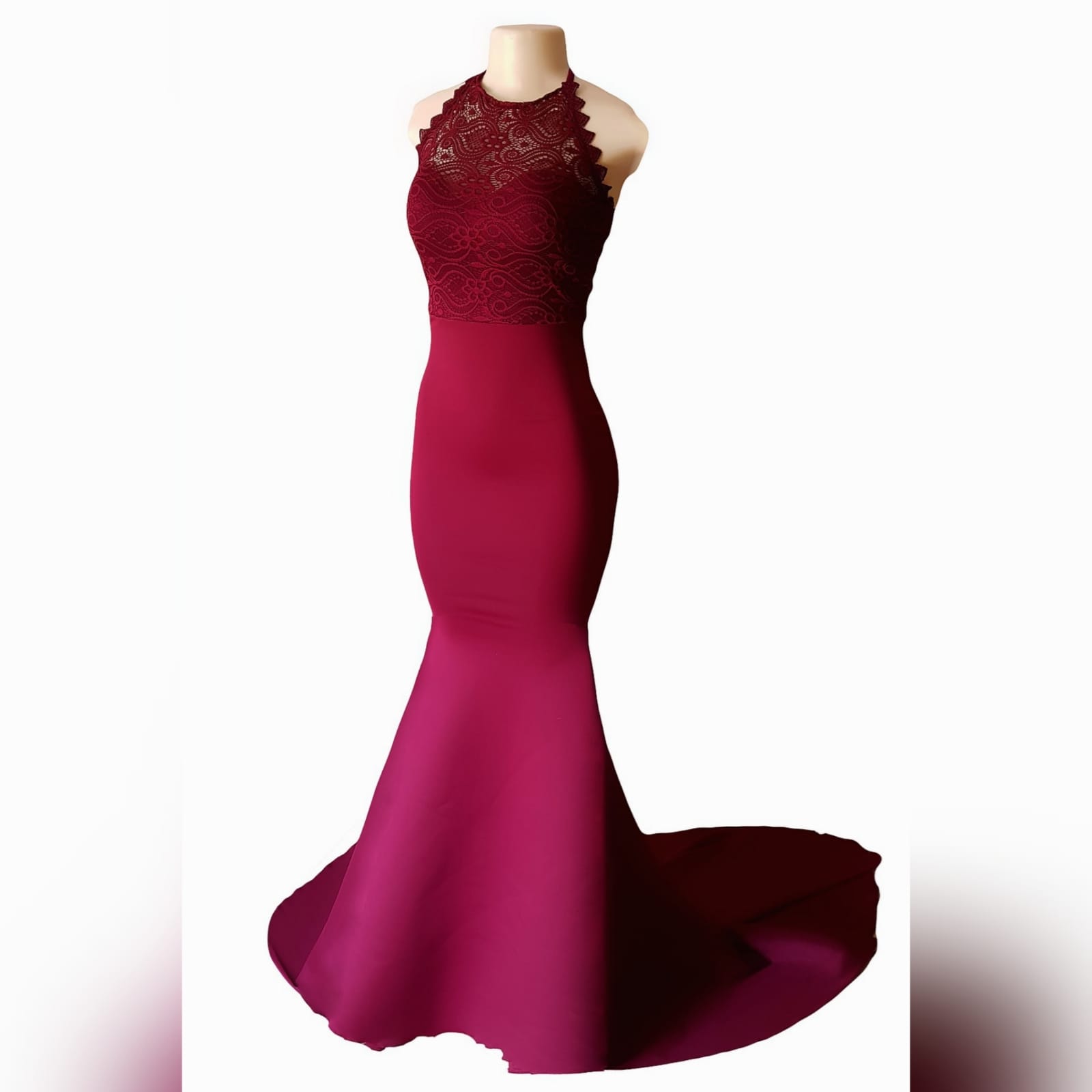Burgundy soft mermaid gorgeous evening dress 13 this gorgeous evening dress was created for my client in south africa to celebrate her special occasion. A burgundy soft mermaid prom dress with a lace bodice, a sheer lace neckline and dramatic train.