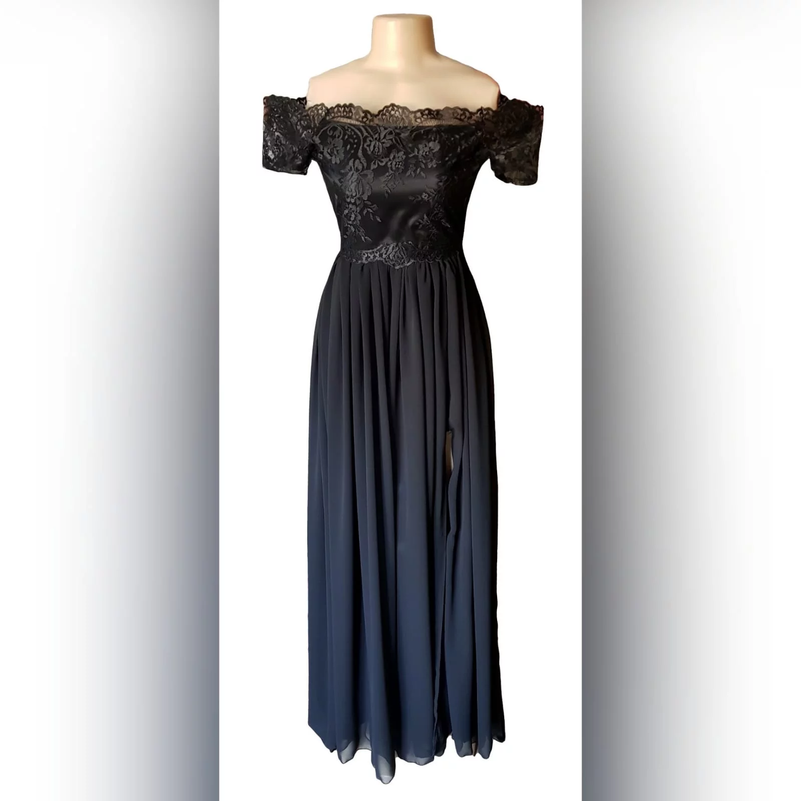 Long black prom dress with gathered chiffon 4 simple long black prom dress with gathered chiffon and a slit. Off shoulder lace bodice with a sheer back detailed with buttons and short cap sleeves.