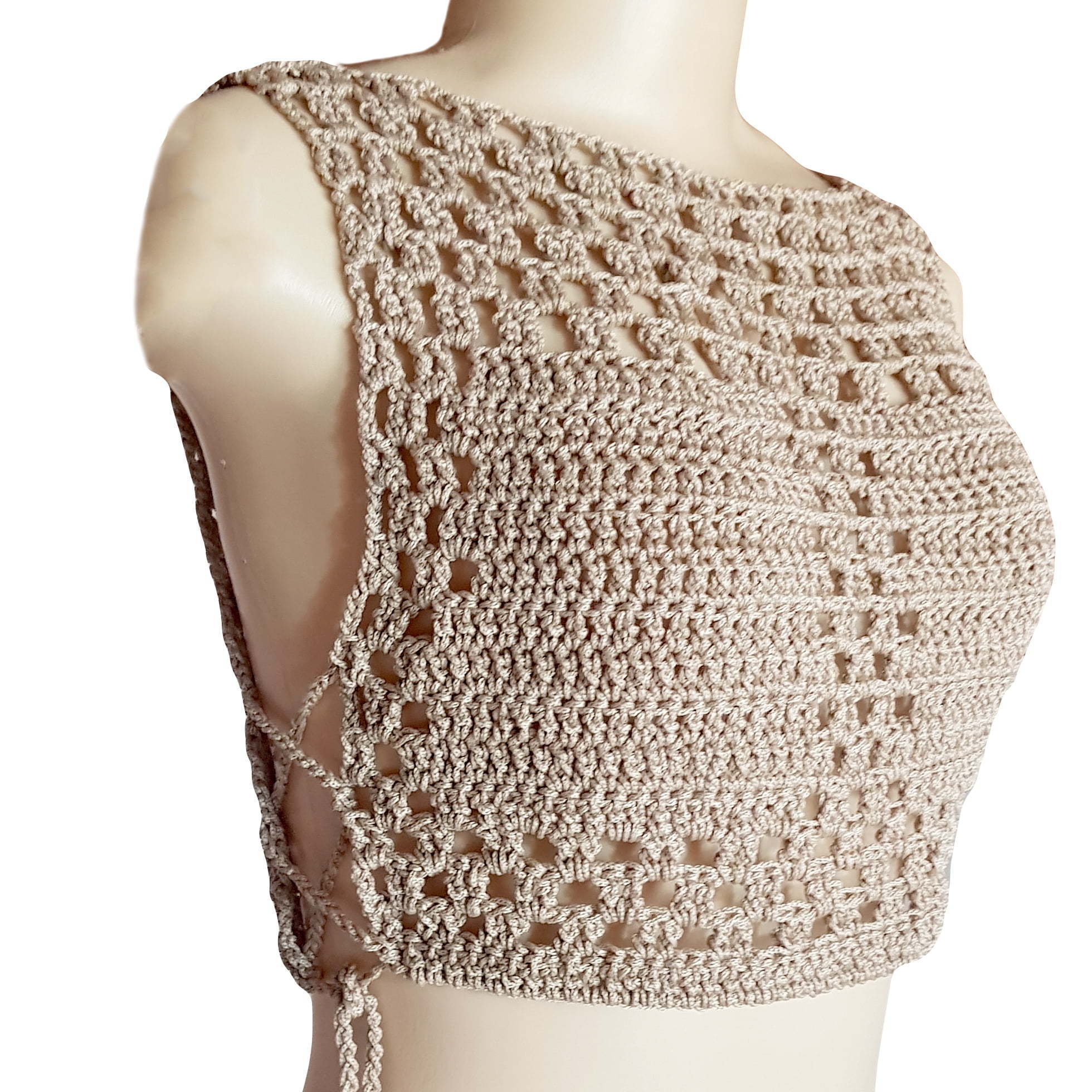 Nude crochet sexy handmade crop top 5 this crochet top was created with comfort and uniqueness in mind. Handmade top created to be a unique one of a kind clothing item. It is perfect for several sizes as you can tie-up the sides looser or tighter for a perfect and comfortable fit. A great crochet top with a modern color. Great as a casual top or with smart pants or a skirt, accessories and shoes for a more smart casual occasion.