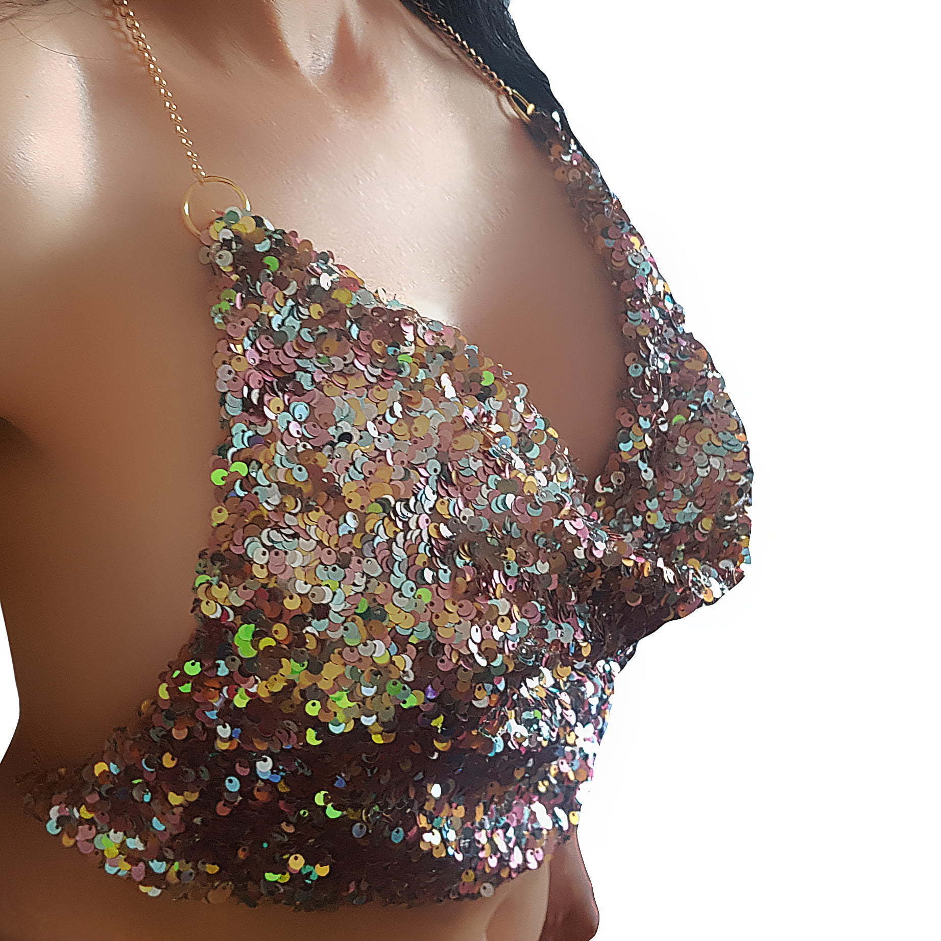 Multicolor sequins crop top 1 add sparkle to your closet this summer. Go out, dance and make memories with a stunning sparkle sequins top. A multi color sequins sexy crop top with a naked back and a cowl neck.