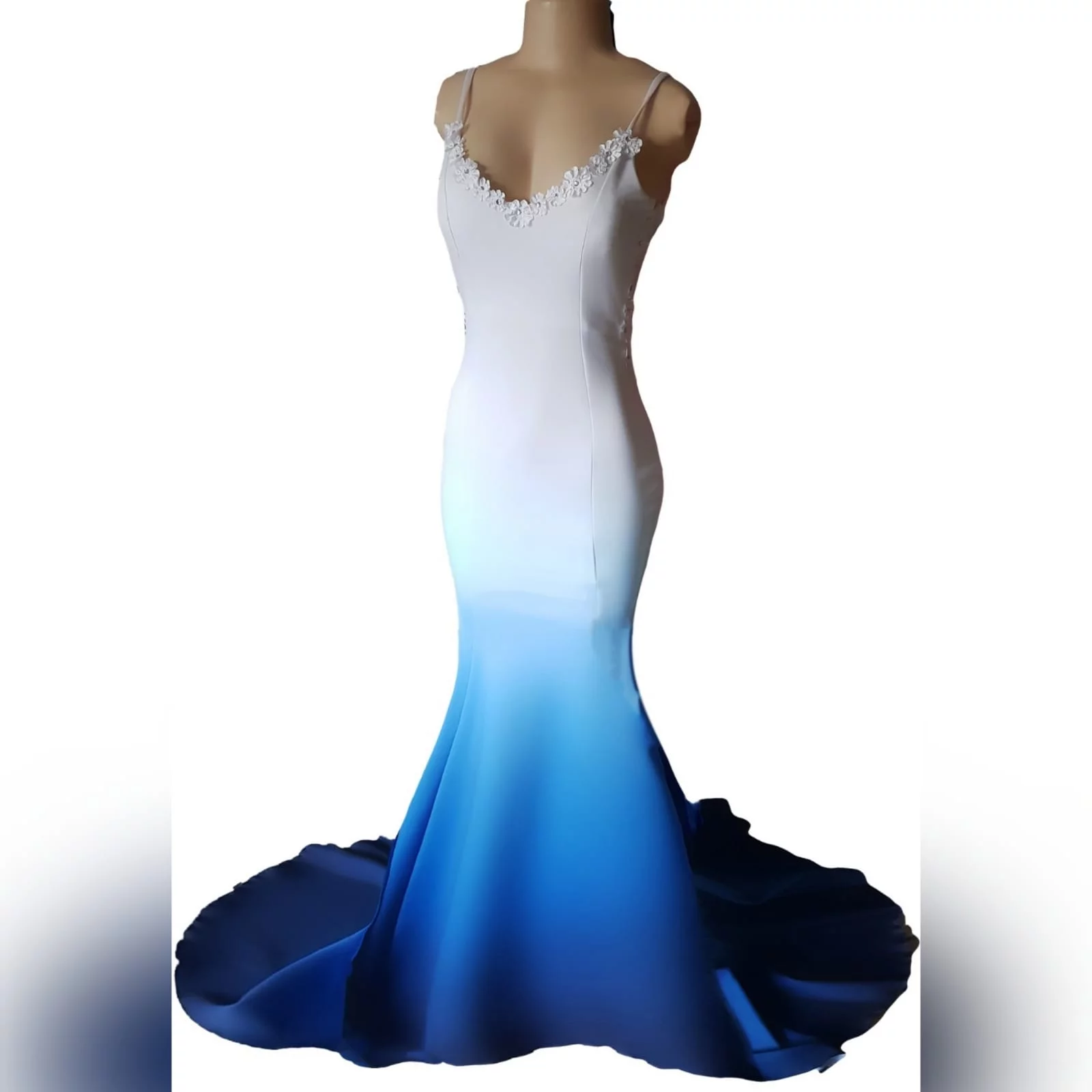 Blue and white ombre mermaid dress with a train 3 <blockquote>"don't you ever let a soul in the world tell you that you can't be exactly who you are" lady gaga</blockquote> a famous design of mine loved by many, created for another client? Blue and white ombre mermaid dress with a train. With a low back covered in a translucent lace. Sweetheart neckline with thin shoulder straps, neckline detailed with lace and a touch of beads.