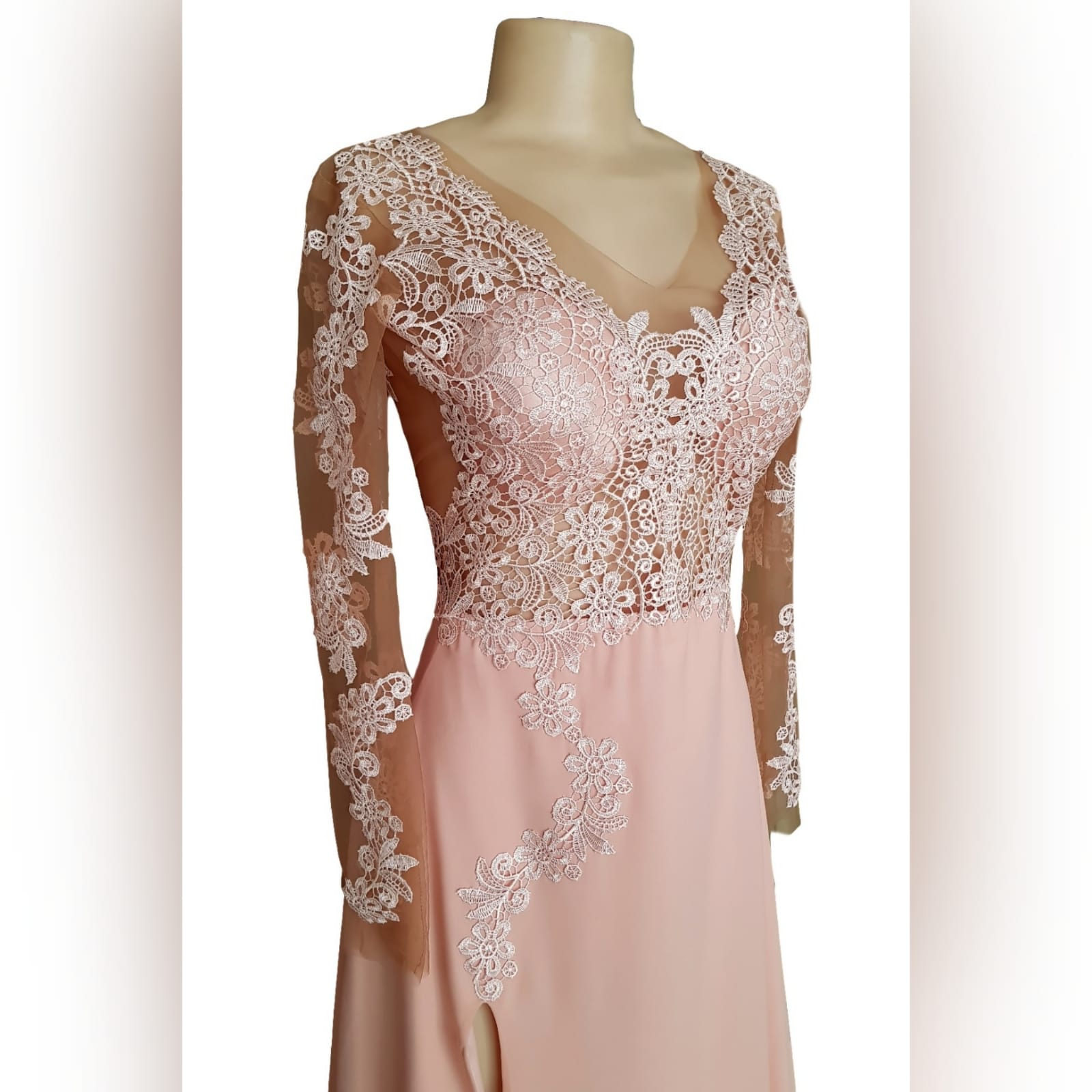 Gorgeous ceremony dress 6 <blockquote>each time a woman stands up for herself, she stands up for all women. - maya angelou</blockquote> this gorgeous ceremony dress was created especially for my client as her prom dress. A pale pink dress made with soft flowy chiffon with a little train and a slit. With a translucent bodice, and sleeves detailed with lace. Back finished with satin buttons for that extra detail.