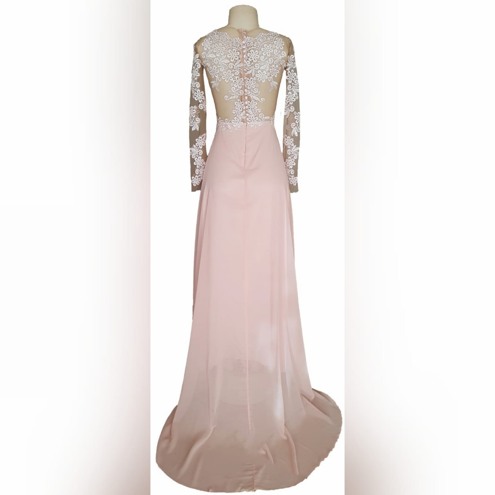 Gorgeous ceremony dress 4 <blockquote>each time a woman stands up for herself, she stands up for all women. - maya angelou</blockquote> this gorgeous ceremony dress was created especially for my client as her prom dress. A pale pink dress made with soft flowy chiffon with a little train and a slit. With a translucent bodice, and sleeves detailed with lace. Back finished with satin buttons for that extra detail.