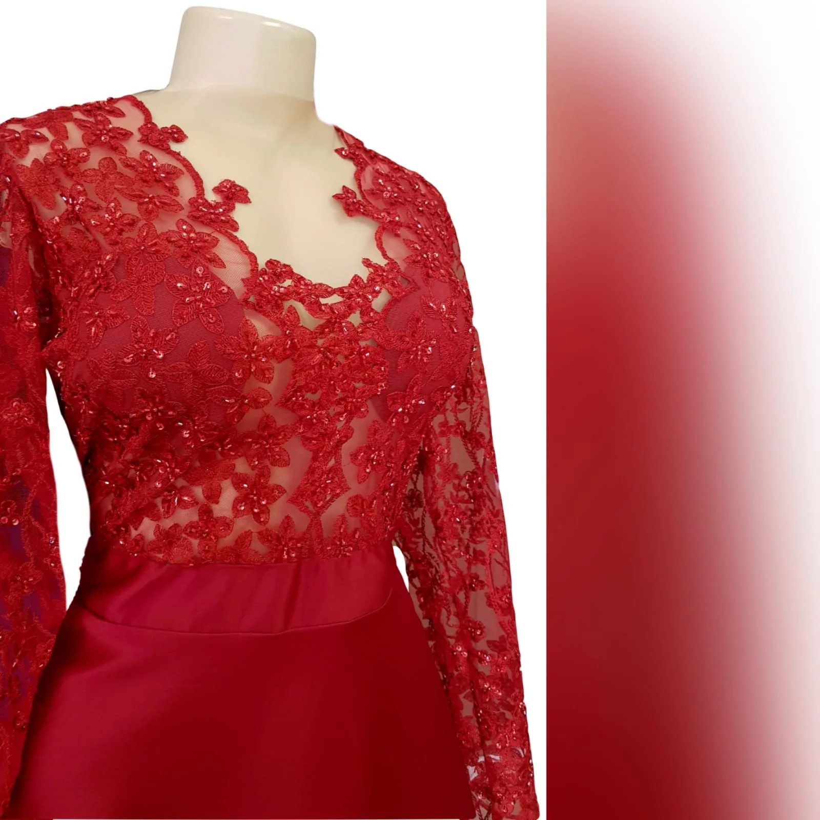 Classic red lace and satin prom dress 8 <blockquote>"don't compromise yourself. You're all you've got. " janis joplin</blockquote> a classic red lace and satin prom dress created for my client's special occasion. With a sheer lace and sleeves bodice with a touch of shine, and a row of buttons to finish off the sensual back design.