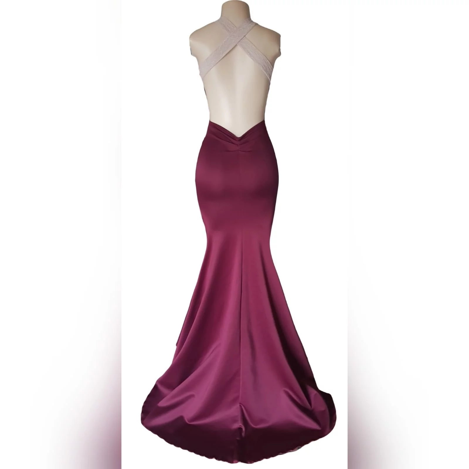 Simple elegant soft mermaid maroon prom dress 4 <blockquote>"you were born to stand out, stop trying to fit in". Roy t. Bennett</blockquote> simple elegant soft mermaid matric prom dress with an overlayer of cream lace on the bodice to add a unique touch to the design. Plunging neckline, low open back and lace wide crossed shoulder straps. With a matching lipstick/cellphone bag