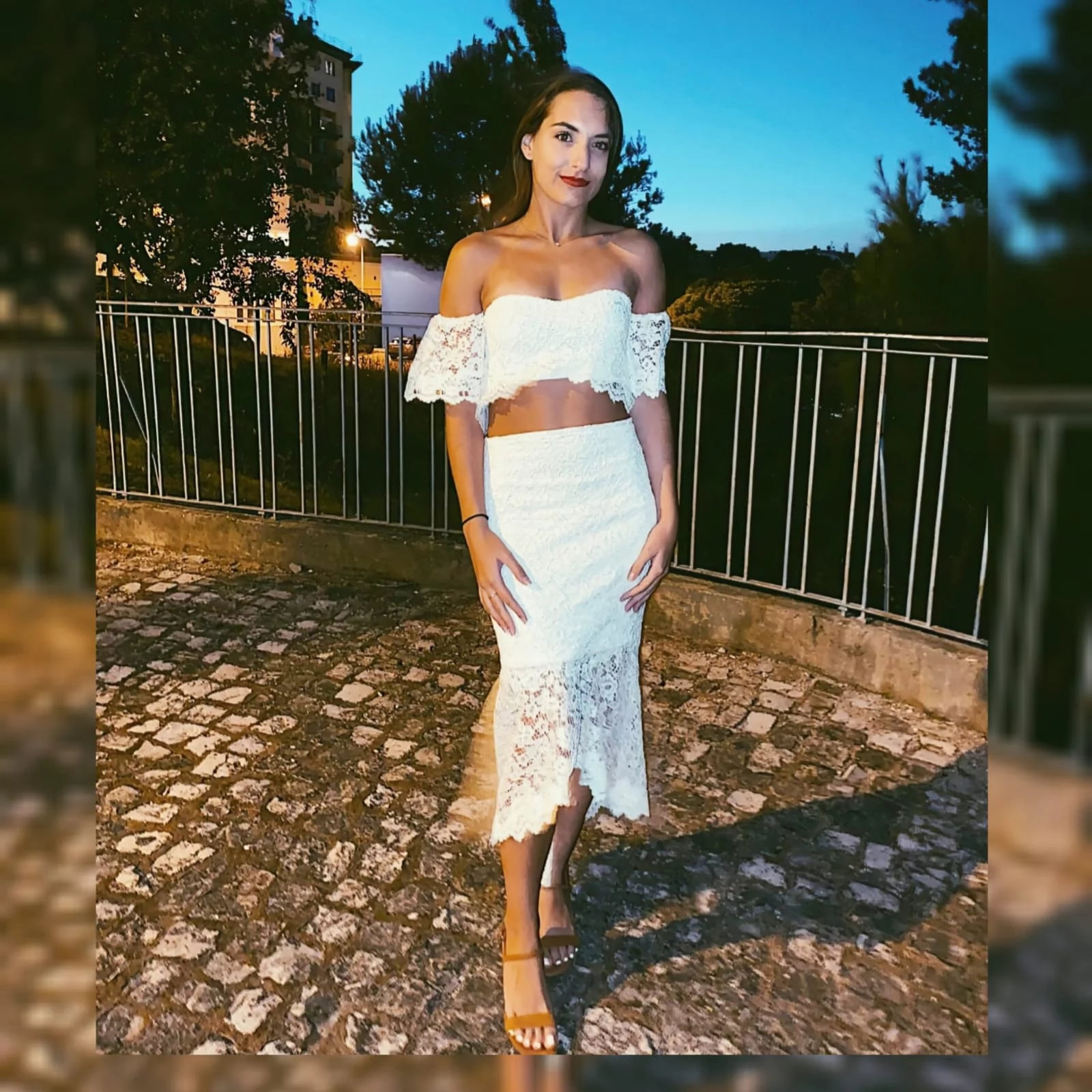 ? fun white lace 2 piece outfit  ? 4 <blockquote>"The most beautiful thing that a women can wear is her own confidence ."</blockquote> This smart casual 2 piece dress was designed and made for my client's birthday dinner here in Portugal Lisbon  ? A fun white lace 2 piece outfit , with an off shoulder lace crop top and a hi - lo lace skirt . A versatile outfit as for example, the top can be worn several times with jeans, pants etc . #passion4fashion #mariselaveludo #2piecedress #croptop #whitelaceoutfit #lace #fashion #custommadedress #personalizeddress #smartcasualoutfit